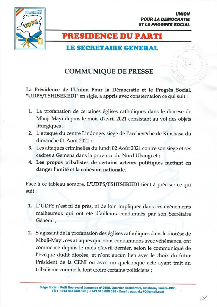 UDPS/COMMUNIQUE DE PRESSE