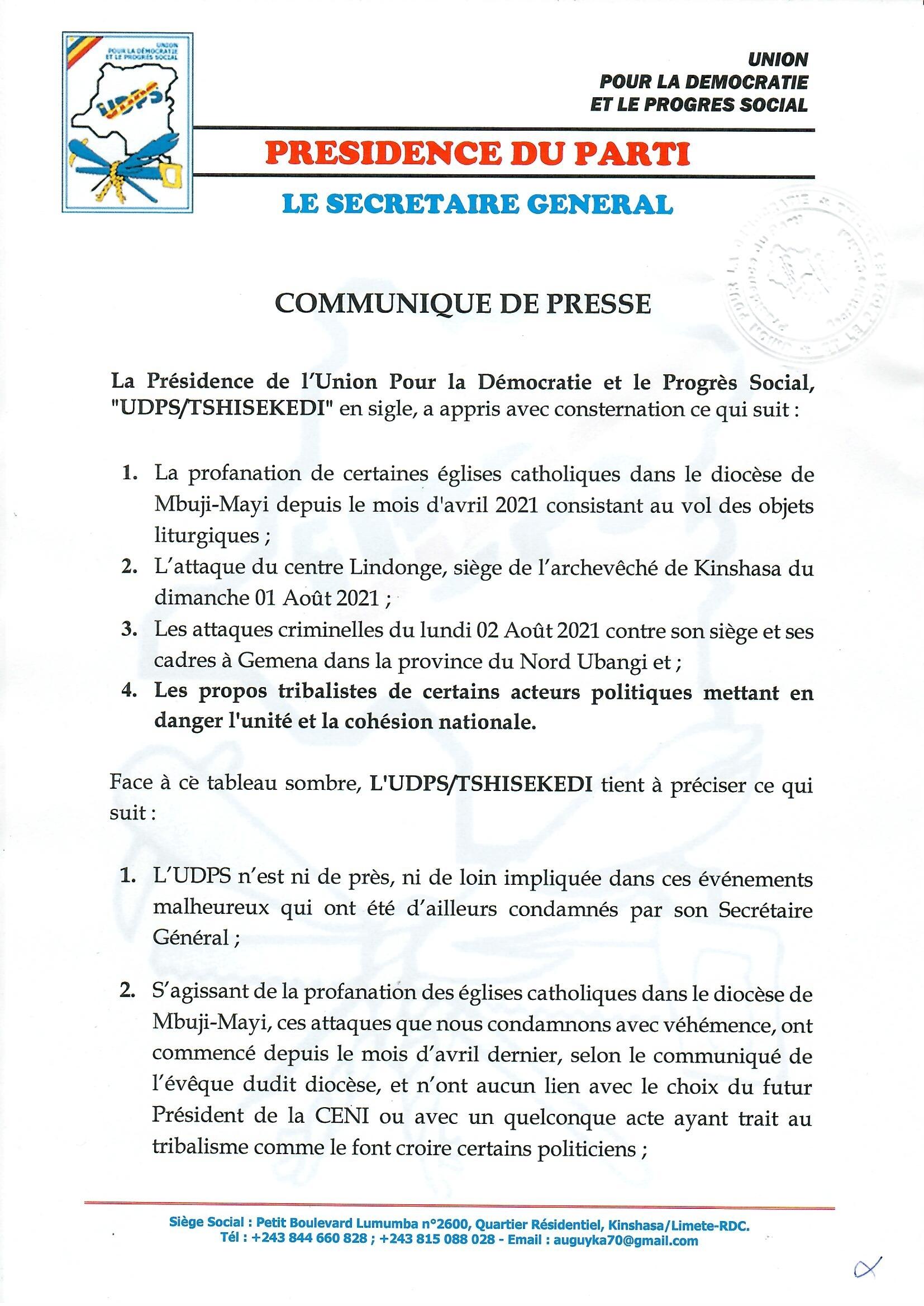 UDPS/COMMUNIQUE DE PRESSE