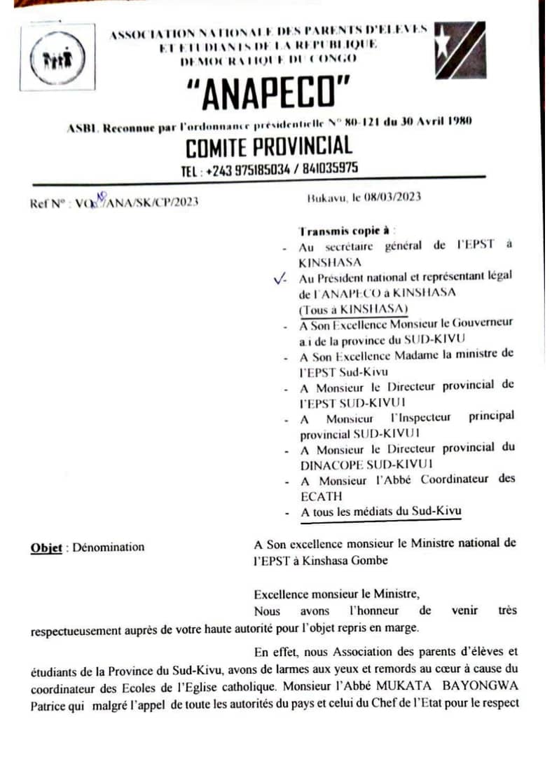 EPST: l’ANAPECO saisit Tony Mwaba au sujet des dérapages de l’Abbée Mukata Bayongwa coordinateur des Écoles conventionnées catholiques au Sud-Kivu