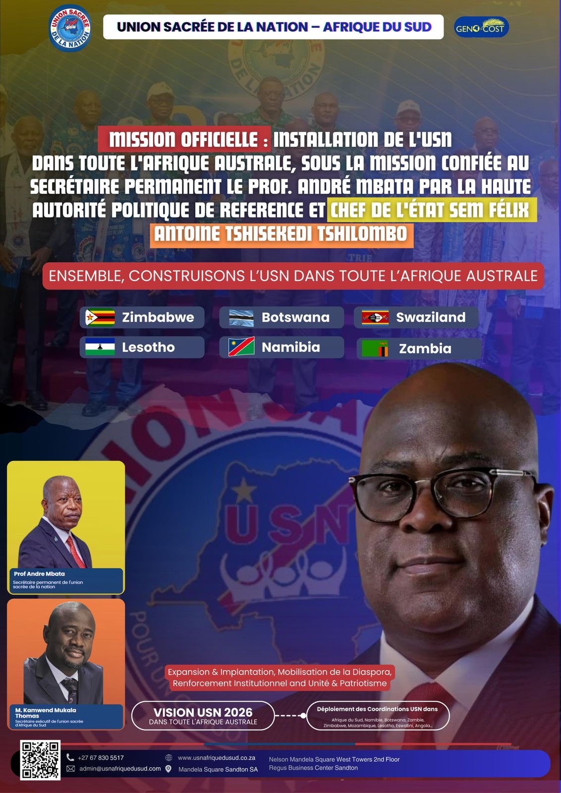 Afrique australe : mandaté par le Président de la République à travers le Secrétaire Permanent, le Révérend Thomas Kamwend chargé d’implanter l’Union Sacrée dans six pays