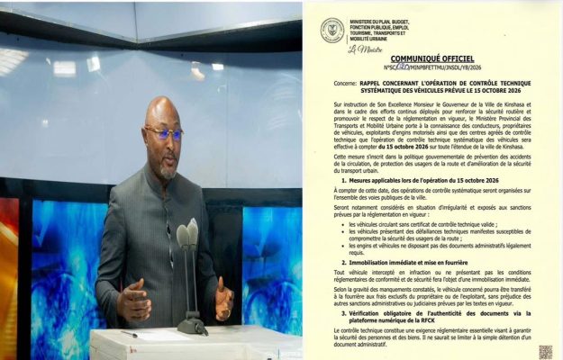 Kinshasa : le contrôle technique systématique des véhicules démarre le 15 octobre