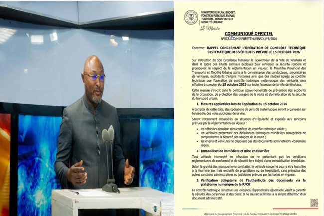 Kinshasa : le contrôle technique systématique des véhicules démarre le 15 octobre