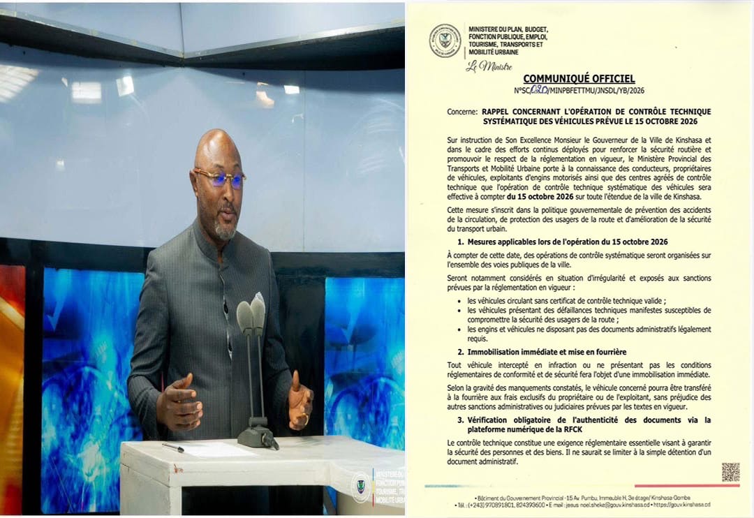 Kinshasa : le contrôle technique systématique des véhicules démarre le 15 octobre